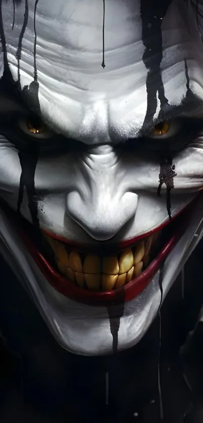 Grinning clown face with a sinister smile on a dark horror-themed mobile wallpaper.