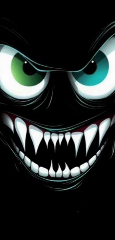 Dark, grinning creature with piercing eyes on black background mobile wallpaper.