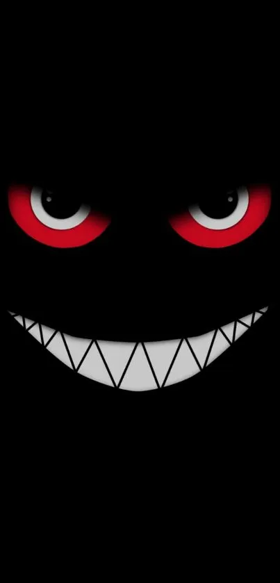 Dark wallpaper with grinning face and red eyes on black background.