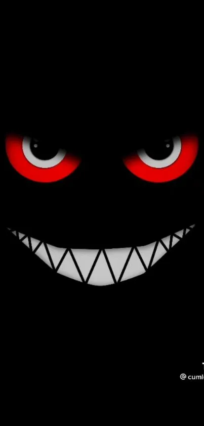 Dark face with red glowing eyes and sharp smile on a black background.
