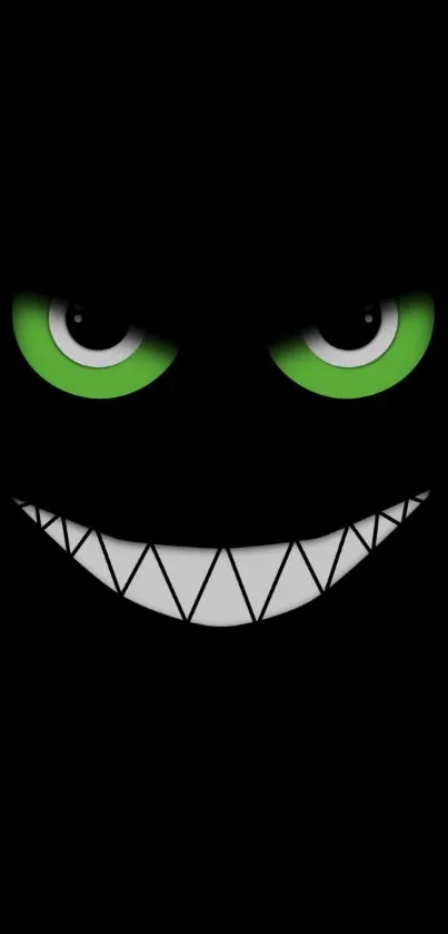 Dark wallpaper with a grinning face and green eyes on a black background.