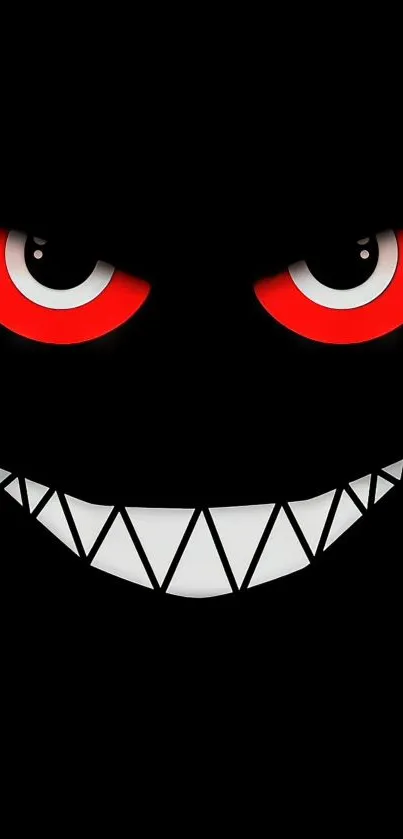 Dark wallpaper with grinning face and striking red eyes, ideal for mobile screens.