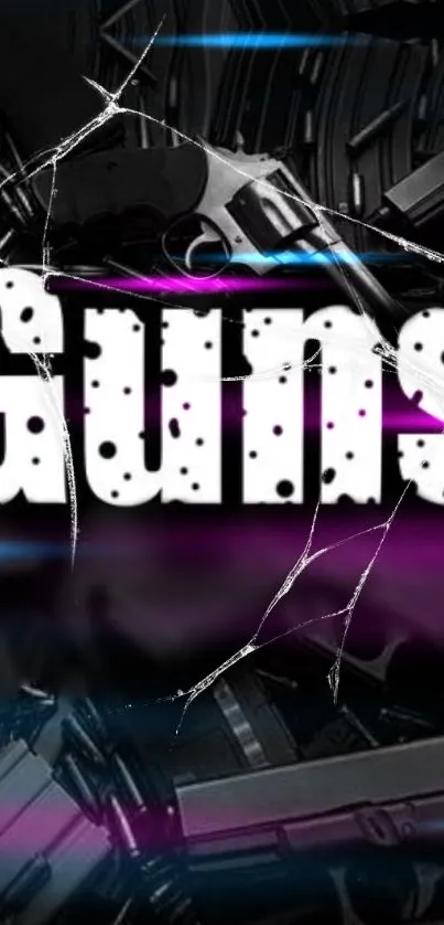 Guns text with neon and cracked effects on dark wallpaper.