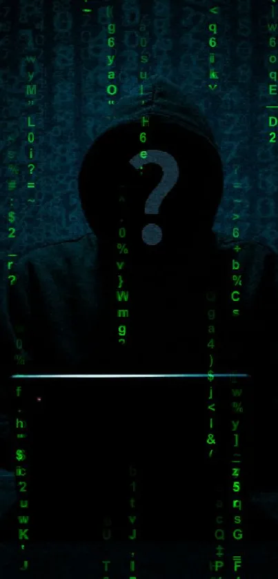 Silhouette of a mysterious hacker with dark blue code background.