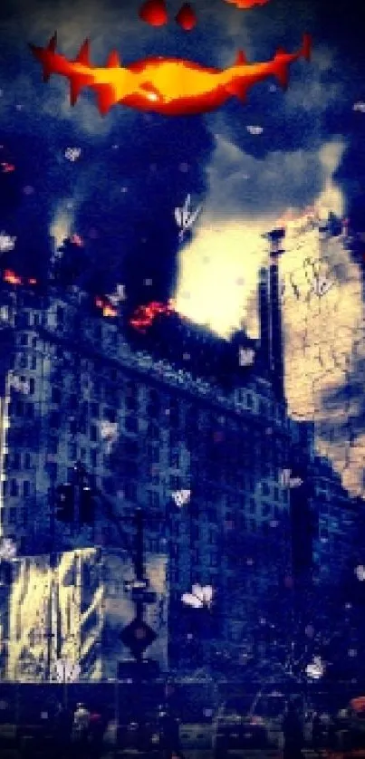 Eerie Halloween cityscape with pumpkin face.
