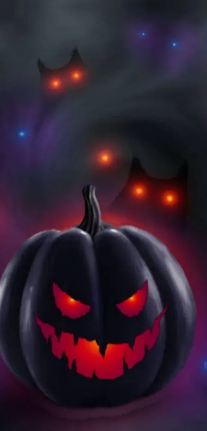 Spooky black pumpkin with glowing eyes in a dark, foggy background.