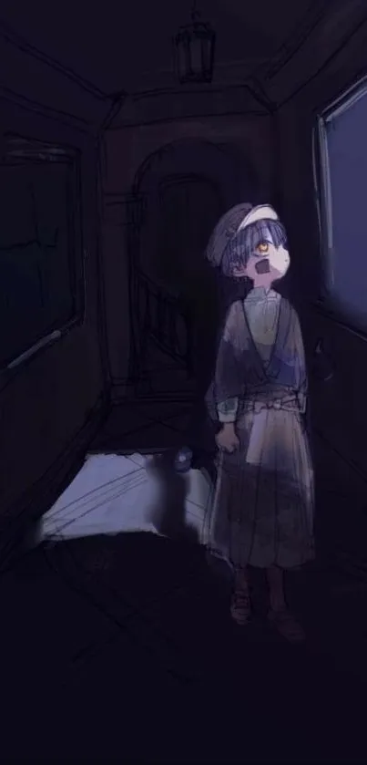 Anime child in a dark hallway with dim lighting and a mysterious ambiance.