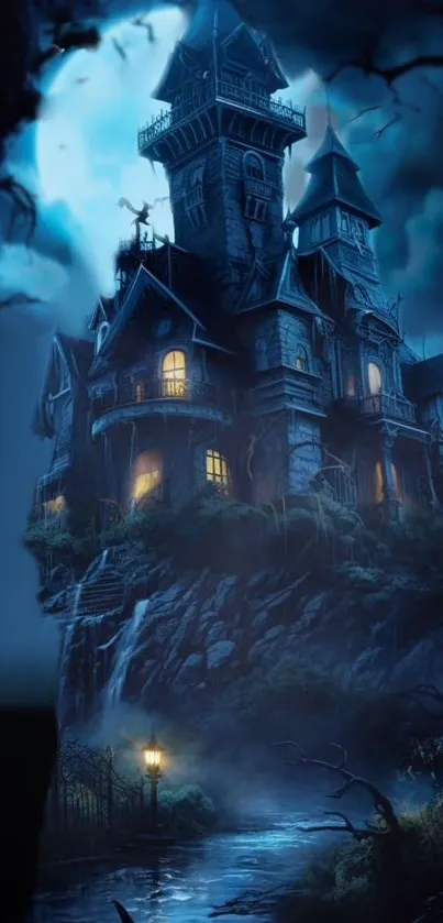 Haunted gothic castle under a dark, cloudy sky with eerie lighting and mist.