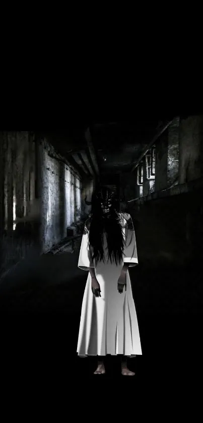 A ghostly figure stands in a dark, haunted corridor.