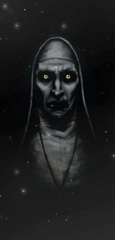 Haunting figure with glowing eyes on black background wallpaper.