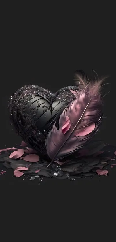 Dark aesthetic wallpaper with black heart and pink feather.