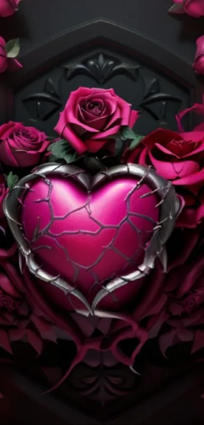 Dark cracked heart surrounded by roses.