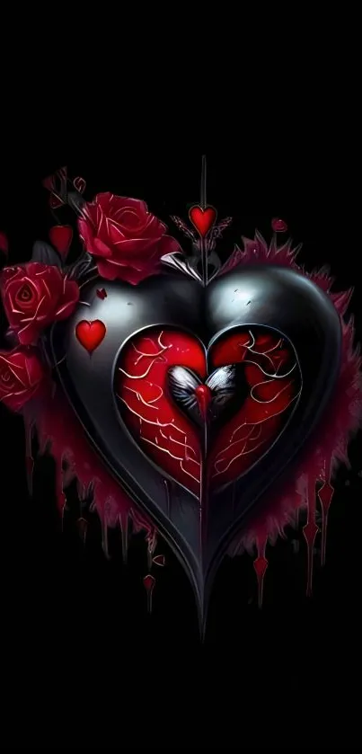 Gothic wallpaper featuring a dark heart with roses on a black background.