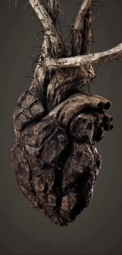 Dark heart sculpture with roots on black background.