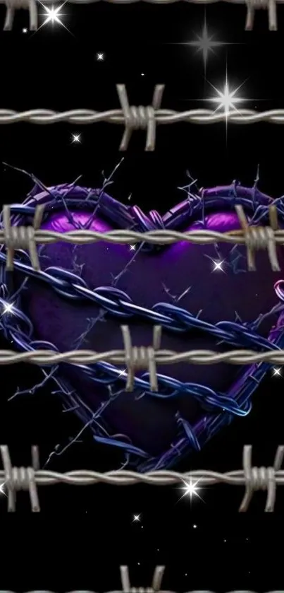 Purple heart with barbed wire on starry black background.