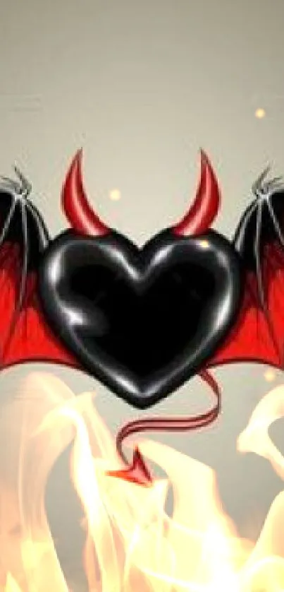 Dark heart with red devil wings and tail on a beige background.