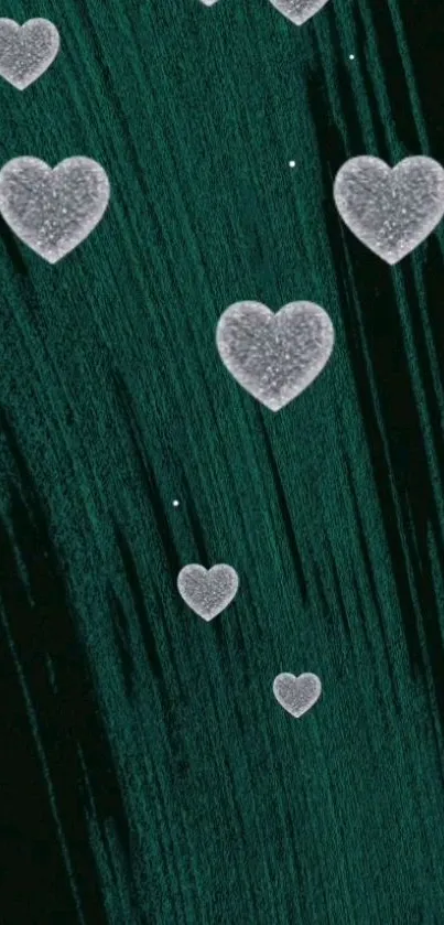 Mobile wallpaper with dark green texture and floating hearts.