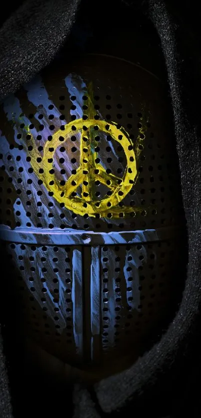 Dark helmet with peace symbol in vibrant yellow and blue art design.