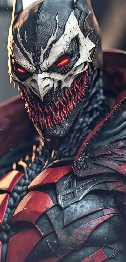 Dark hero in armor with red accents and intense gaze wallpaper.