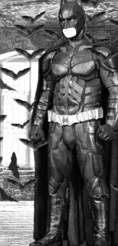 Dark hero stands amidst bats in a gothic setting.