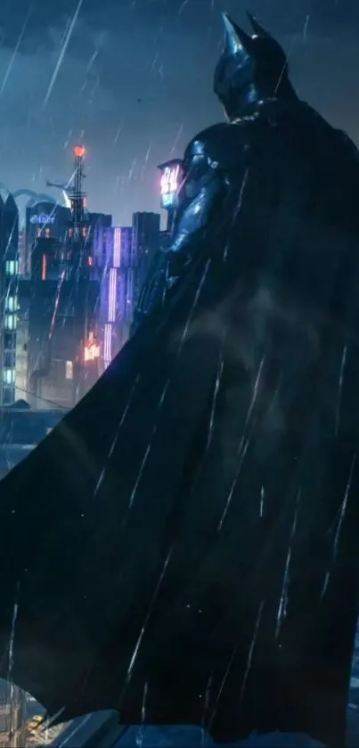 Dark hero overlooking illuminated cityscape under rainy night sky.