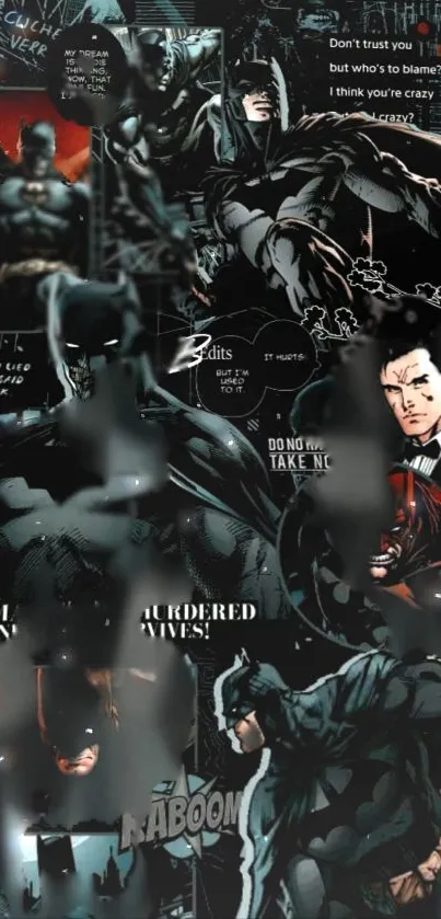 Dark superhero collage wallpaper with intense comic art.