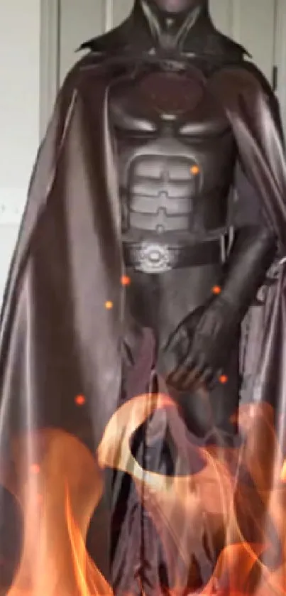 Dark superhero costume with cape in brown hue.