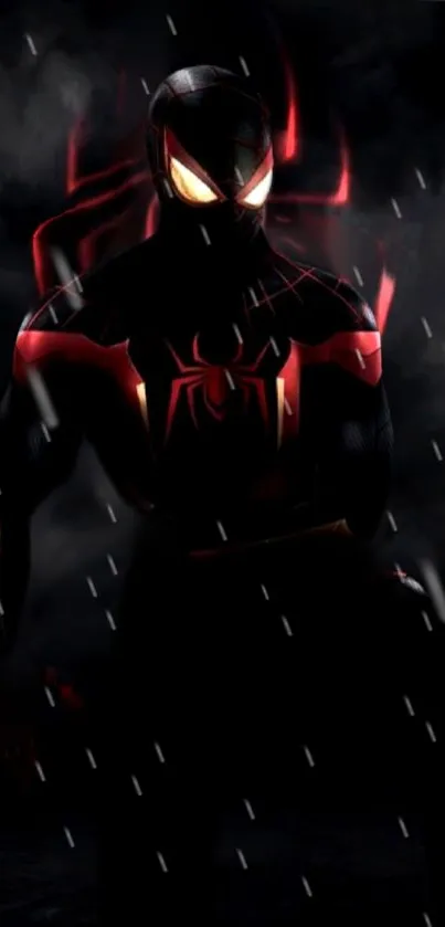 Dynamic superhero in black and red suit amid rain.