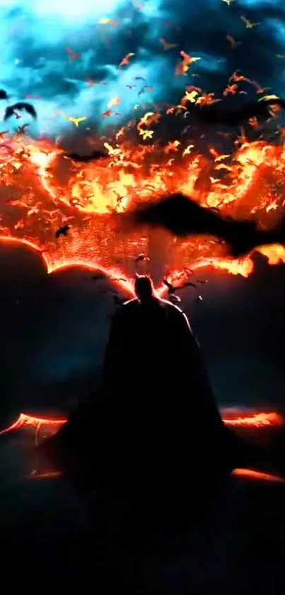 Silhouette of a hero with bats and fiery sky background.