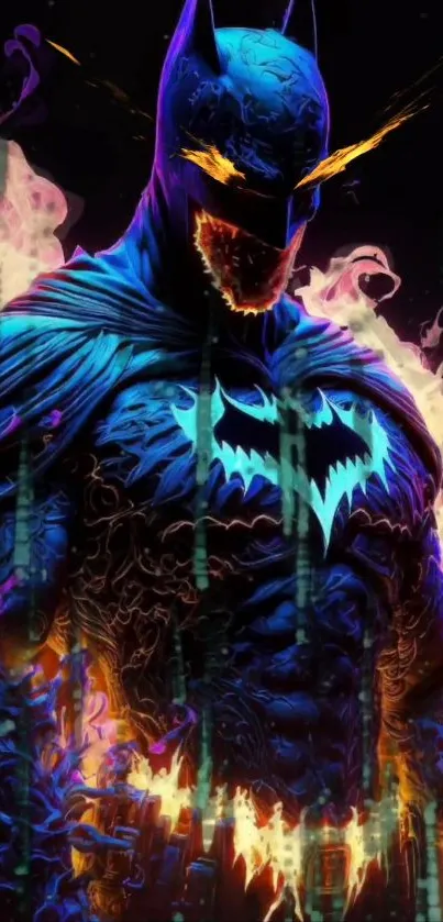 Dark superhero with glowing eyes and flames wallpaper.