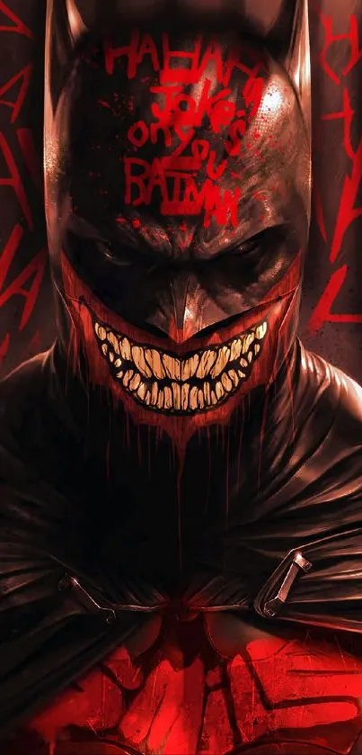 Dark hero grinning with red accents, mysterious and intense mobile wallpaper.