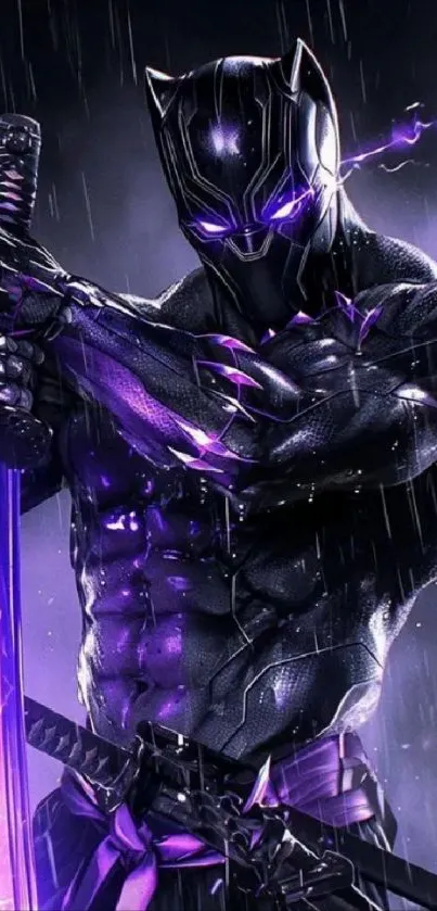 Dark hero with sword in rain, glowing purple details.