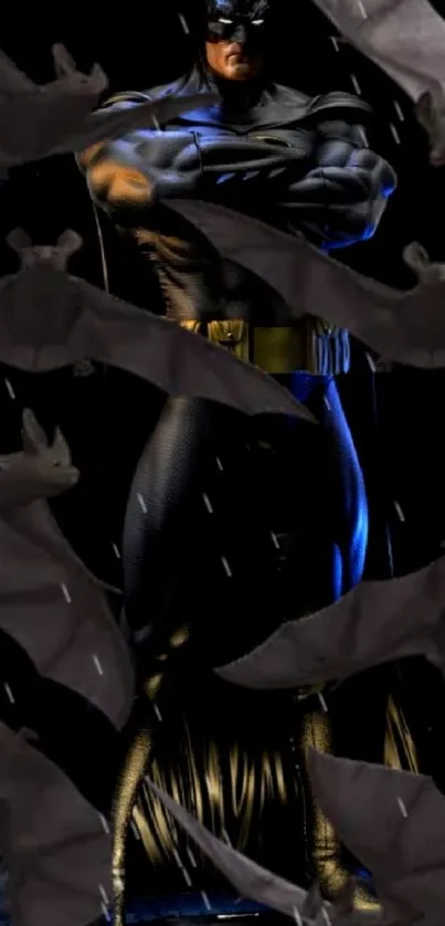 Masked hero in black amid bats with dark background wallpaper.