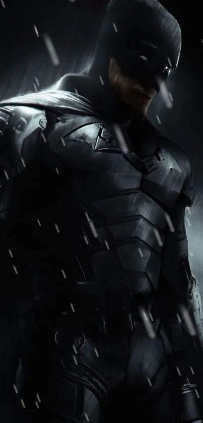 Masked superhero in dark attire, standing in rain.