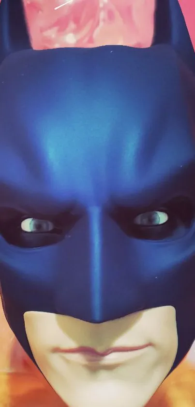 Dark hero mask with a powerful gaze on a navy blue theme.