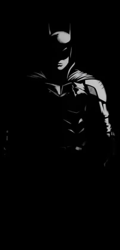 Dark hero silhouette on black background mobile wallpaper.