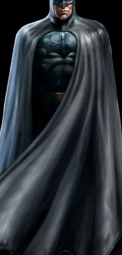 Mysterious hero in a black cape standing against a dark background.