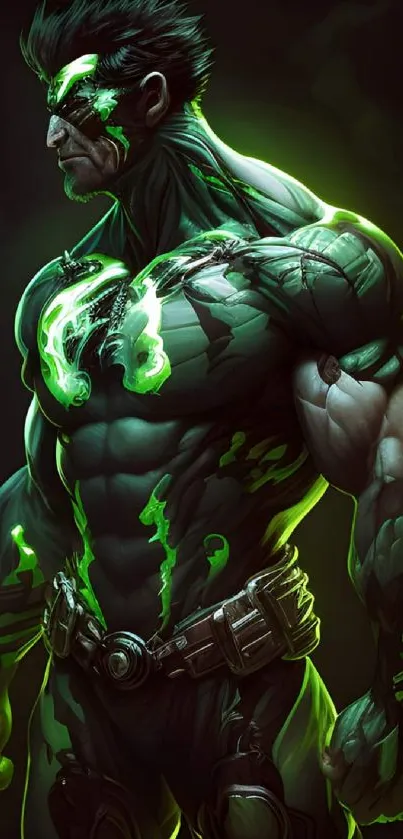 Dark hero with neon green glow emitting energy.