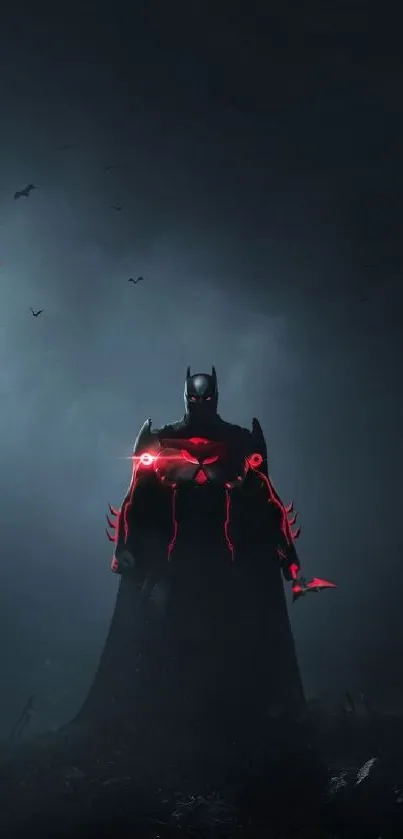 Silhouetted hero with red highlights on a dark background.