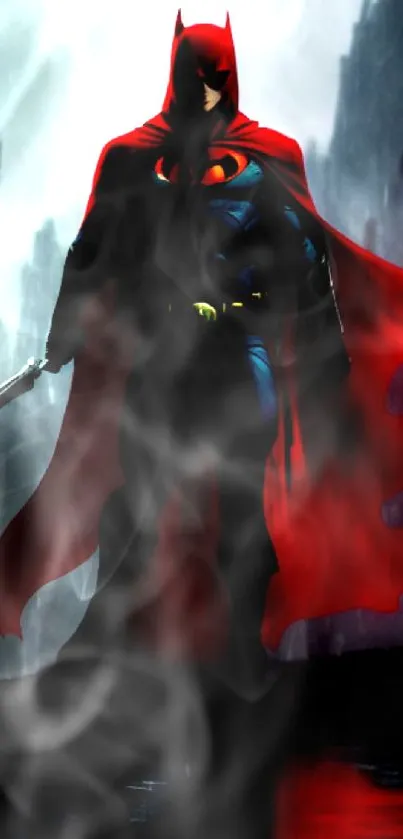 Silhouette of a dark hero with a red cape in a rainy cityscape.