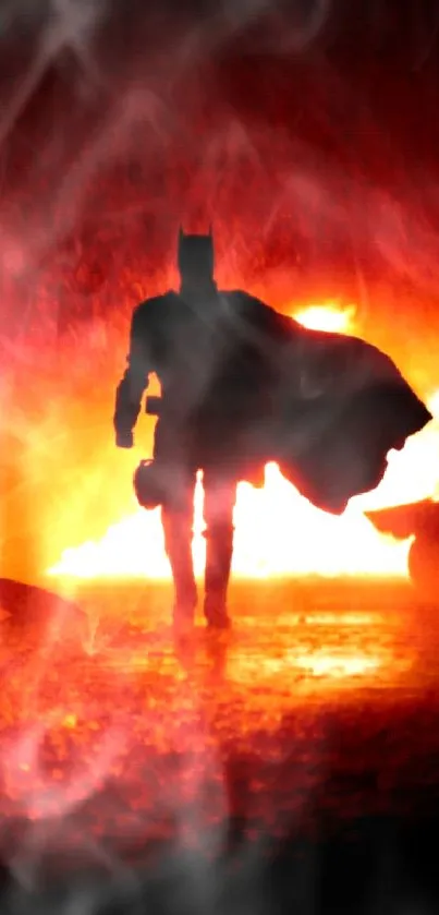 Silhouette of a dark hero in front of a blazing fire, creating a dramatic effect.