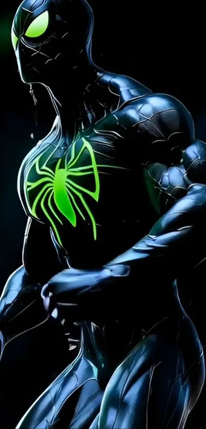 Dark-suited superhero with neon highlights.