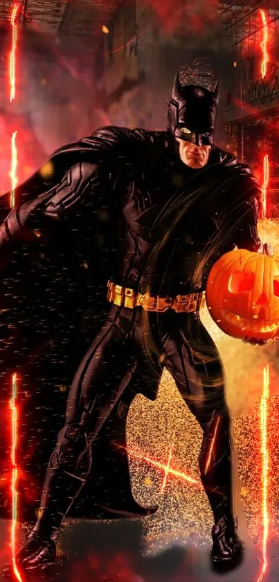 Dark hero in costume with glowing pumpkin in urban scene.