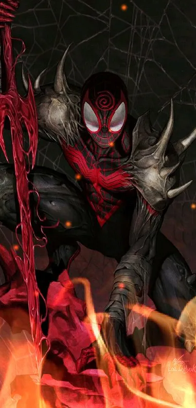 Dark warrior with red armor on a webbed background mobile wallpaper.