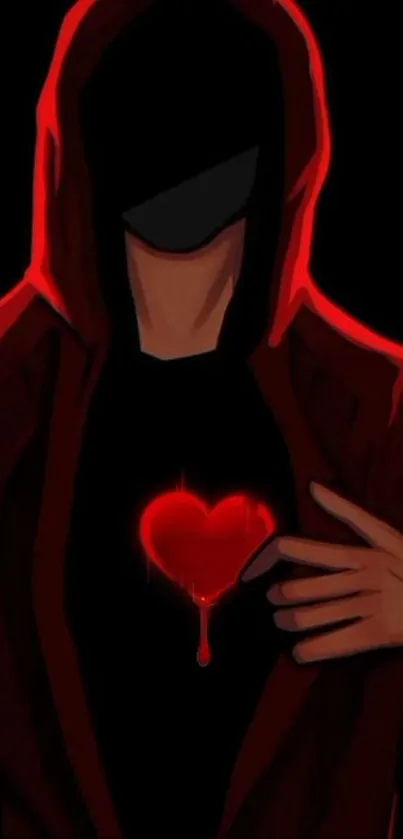 A hooded figure with a glowing red heart on a black background.