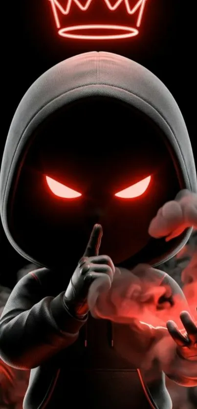 Dark hooded figure with red glowing eyes and smoke.