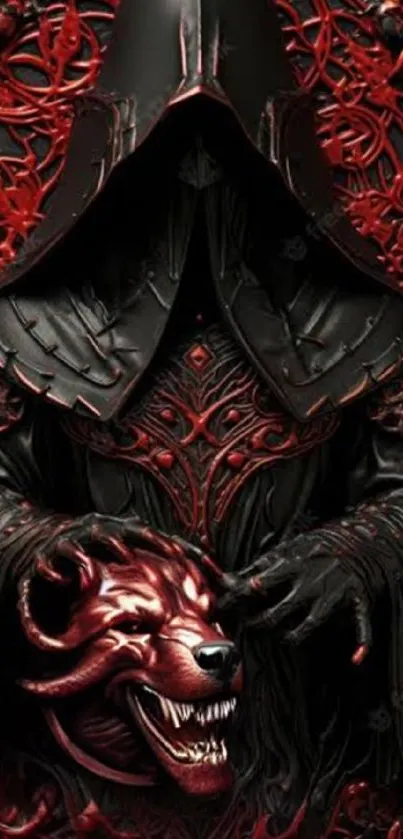 Hooded figure in dark, intricate red and black gothic art.