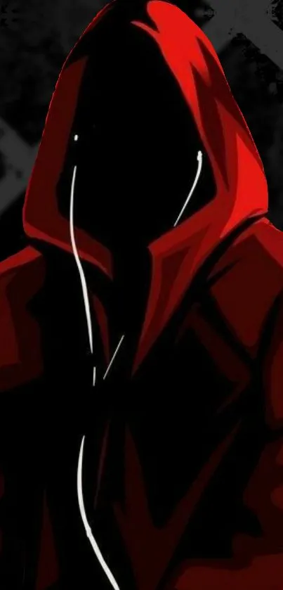 Red hooded figure with mysterious dark background.