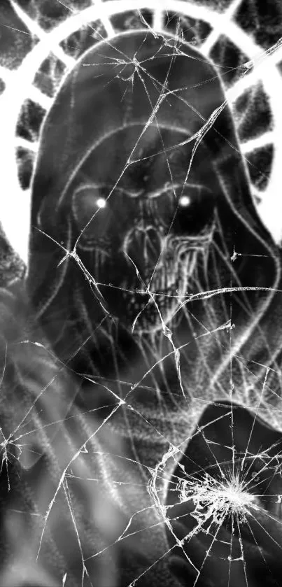 A chilling, dark hooded figure with cracked glass effect in monochrome design.