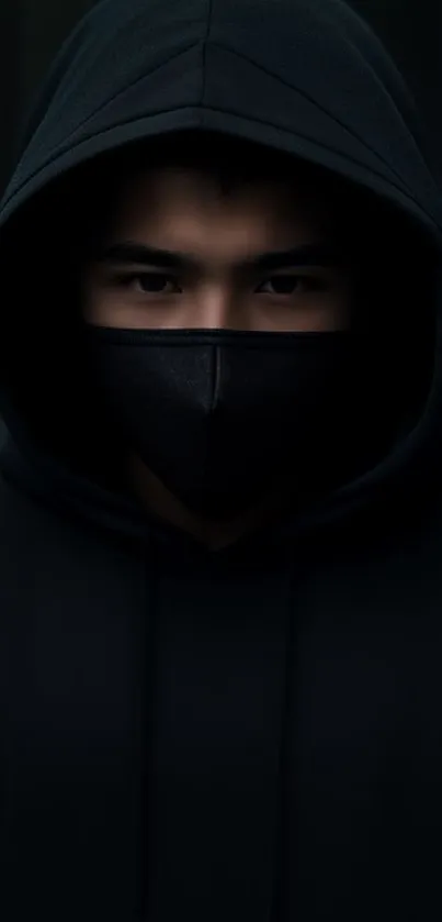 Dark hooded figure in a black mask, creating a mysterious aura.